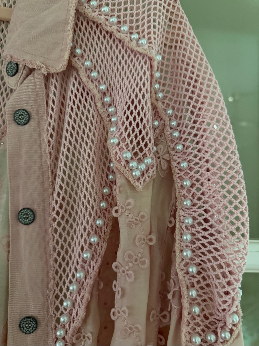 POL Boho Pink Embroidered Mesh Button-Front Women's Top - Picture 3 of 7